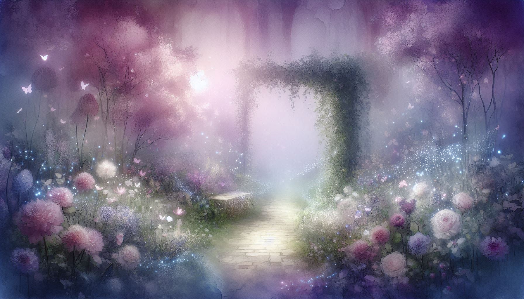 A wide, dreamy lavender-tinted garden filled with soft glowing flowers, drifting light particles, and delicate butterflies. A stone path leads toward an ivy-covered archway fading into mist, creating a magical, ethereal atmosphere.