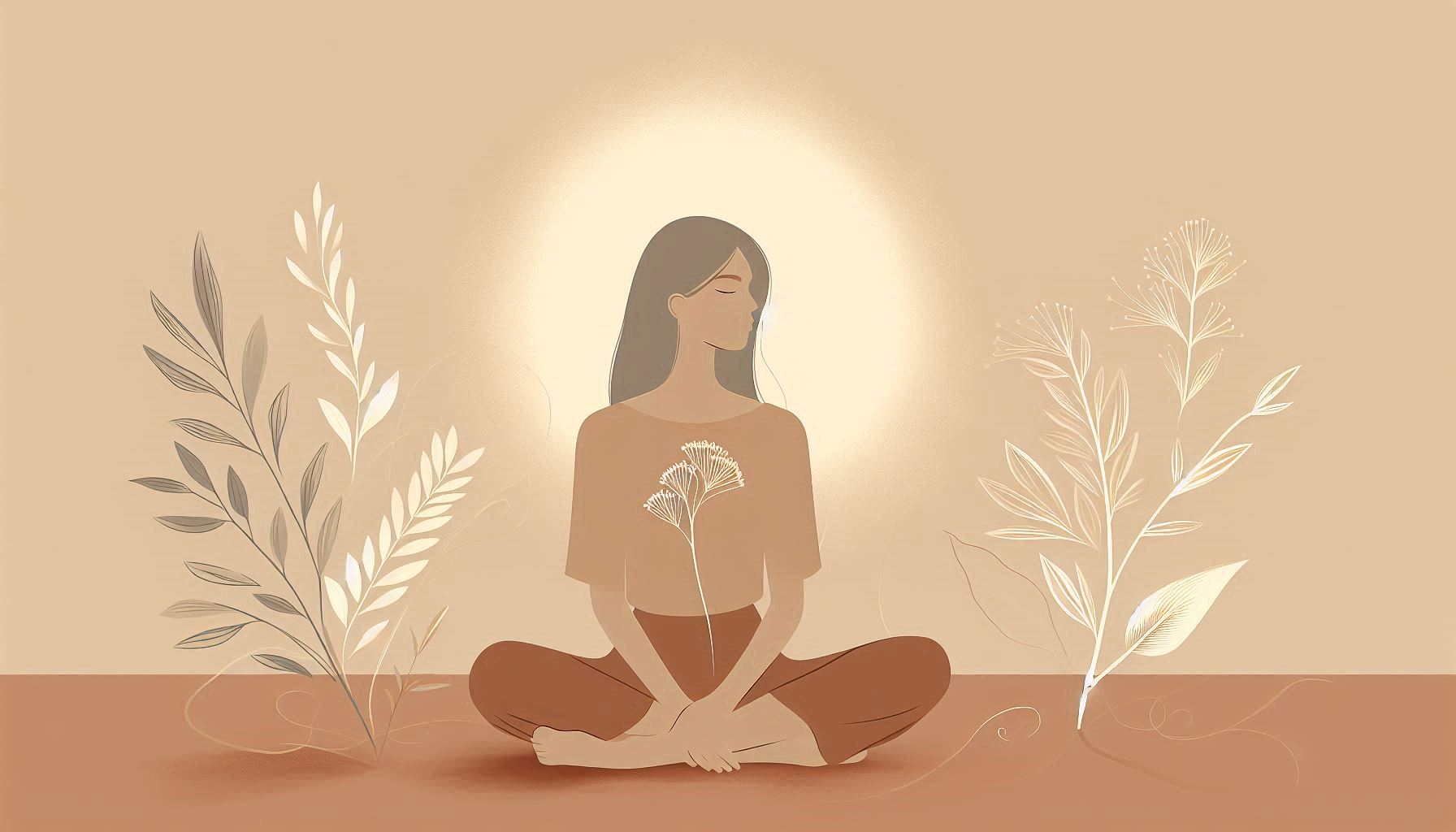 A calm illustration of a woman sitting peacefully with relaxed posture, soft warm light behind her, surrounded by gentle plants, symbolizing emotional safety in the nervous system.