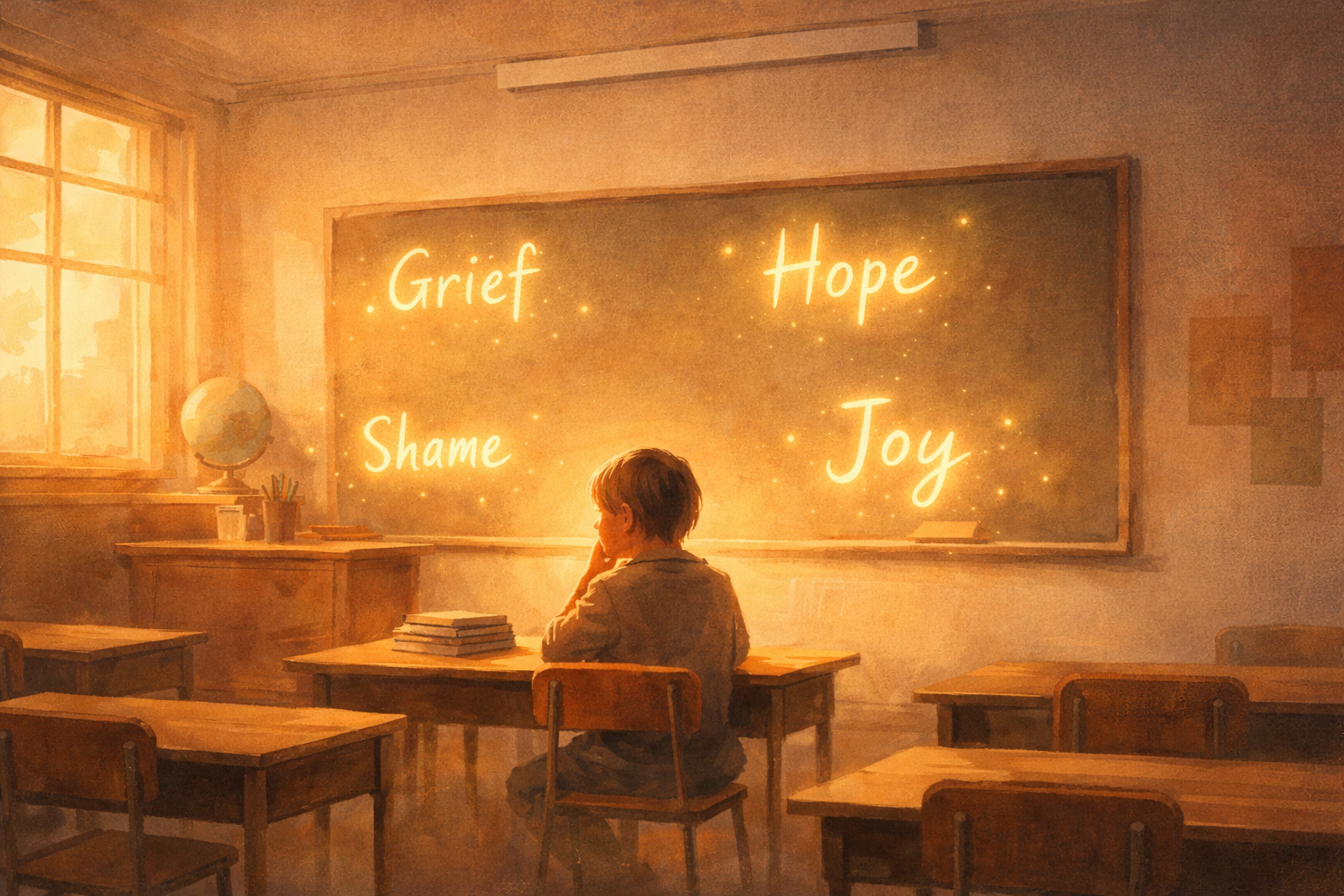 A semi-surreal illustration of a quiet classroom at golden hour, where a single student sits at a desk facing a chalkboard filled with softly glowing emotion words “Grief,” “Hope,” “Shame,” and “Joy,” illuminated by warm sunlight in a reflective, painterly atmosphere.